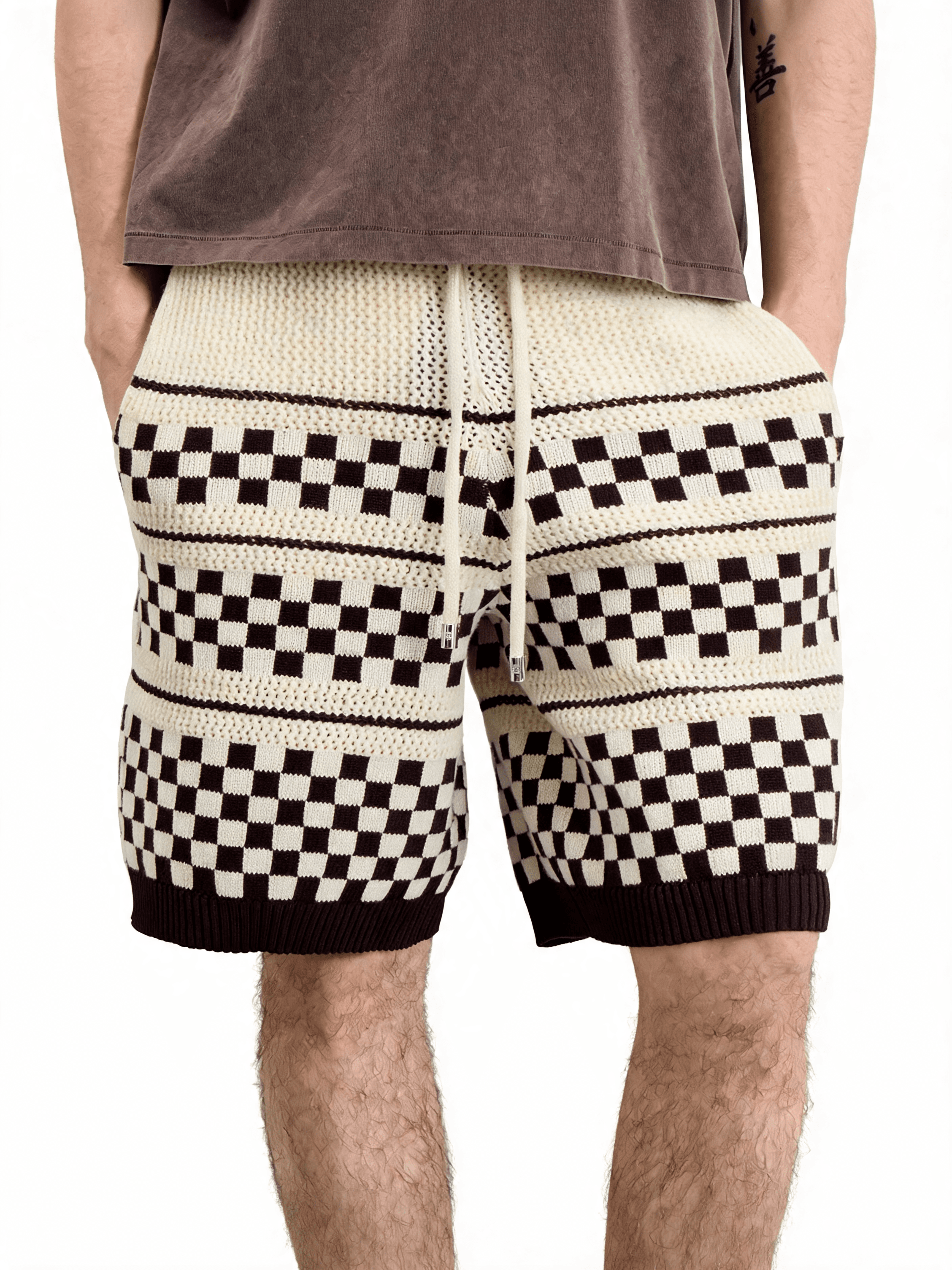 Checkerboard Knit Drawstring Shorts