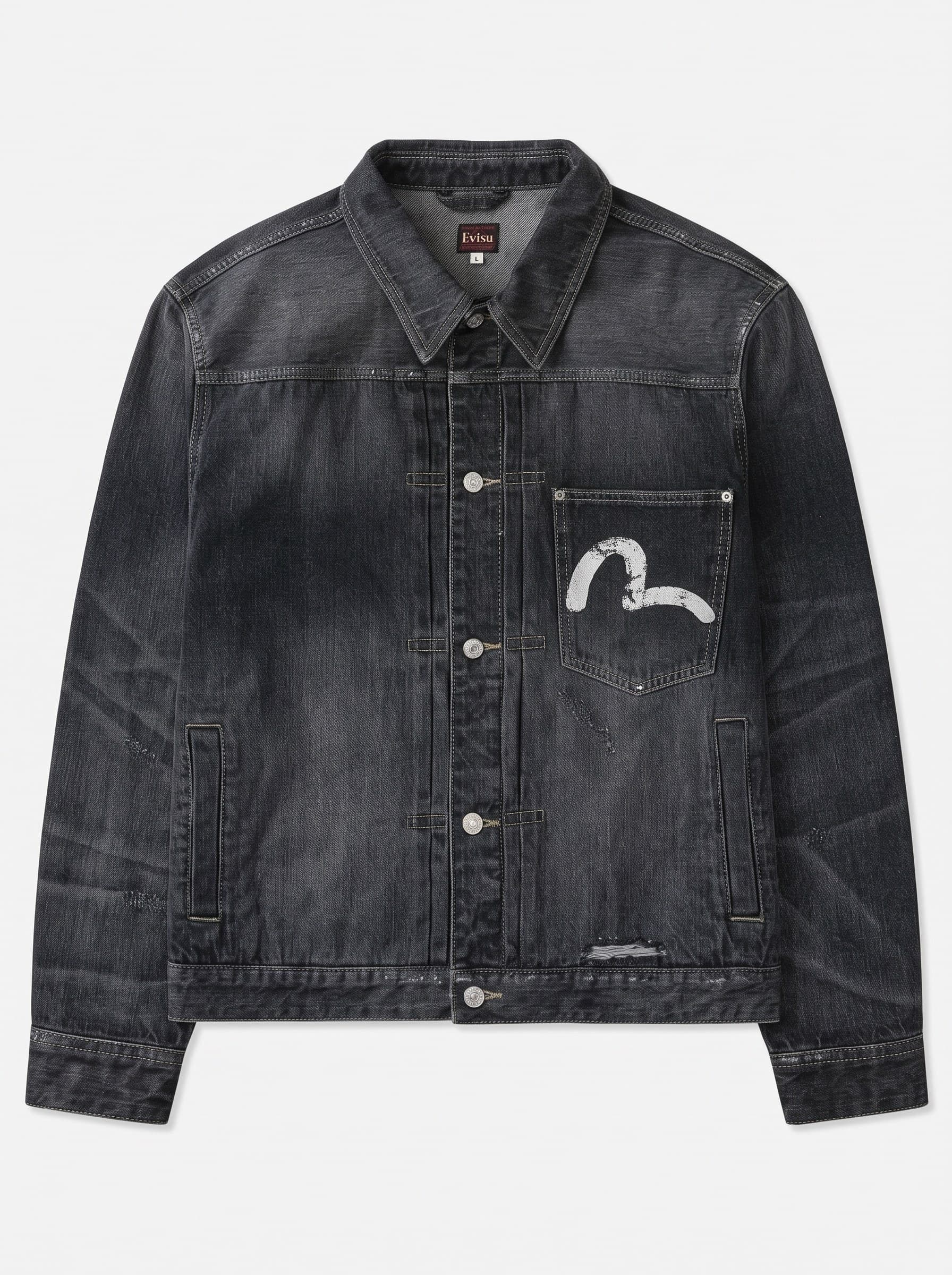Evisu Kanji Distressed Denim Trucker Jacket